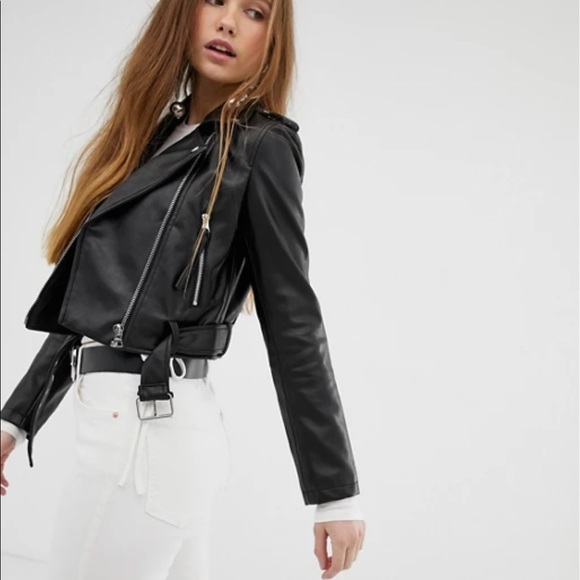 ASOS Bershka Cropped Faux Leather Biker Jacket